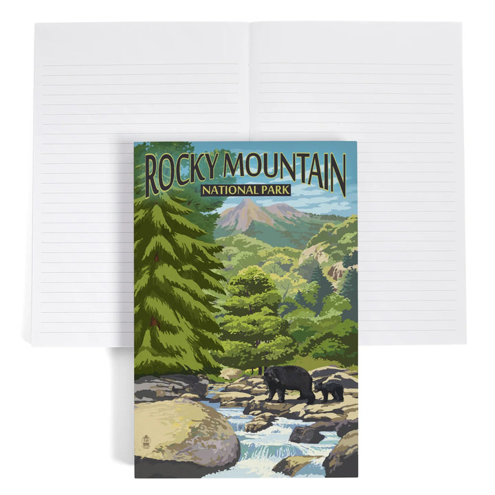 Lined 6x9 Journal, Rocky Mountain National Park, Colorado, Black Bears and Stream, Lay Flat, 193 Pages, FSC paper