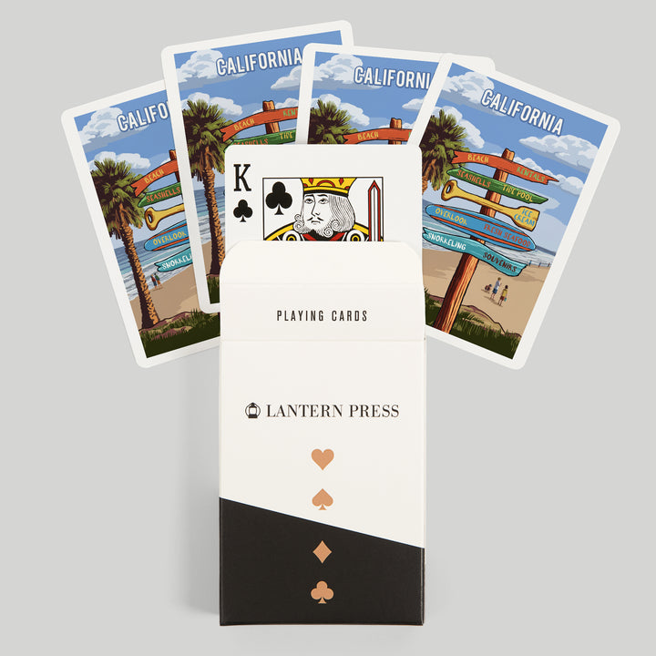 Playing Cards, California, Signpost, Coast Beach with Palms, 52 Card Deck with Jokers in Box, Unique Art