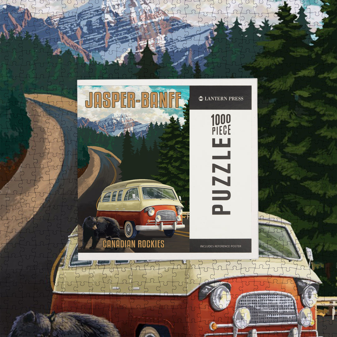 Jasper, Banff, Canada, Canadian Rockies, Bears and Camper Van, Painterly, Jigsaw Puzzle