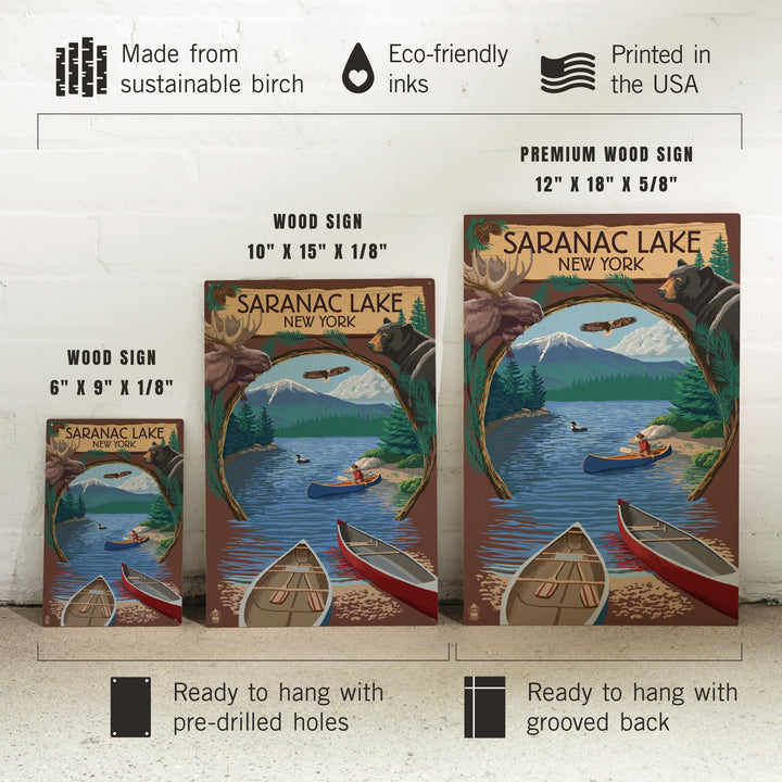 Saranac Lake, New York, Adirondacks Canoe Scene, Lantern Press Artwork, Wood Signs and Postcards