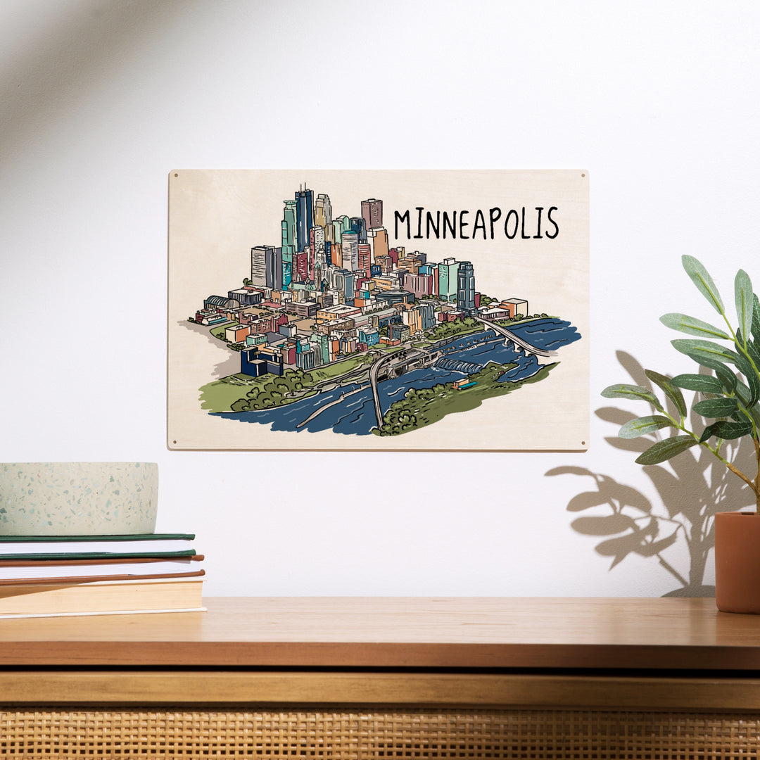 Minneapolis, Minnesota, Cityscape, Line Drawing, Wood Sign and Postcards