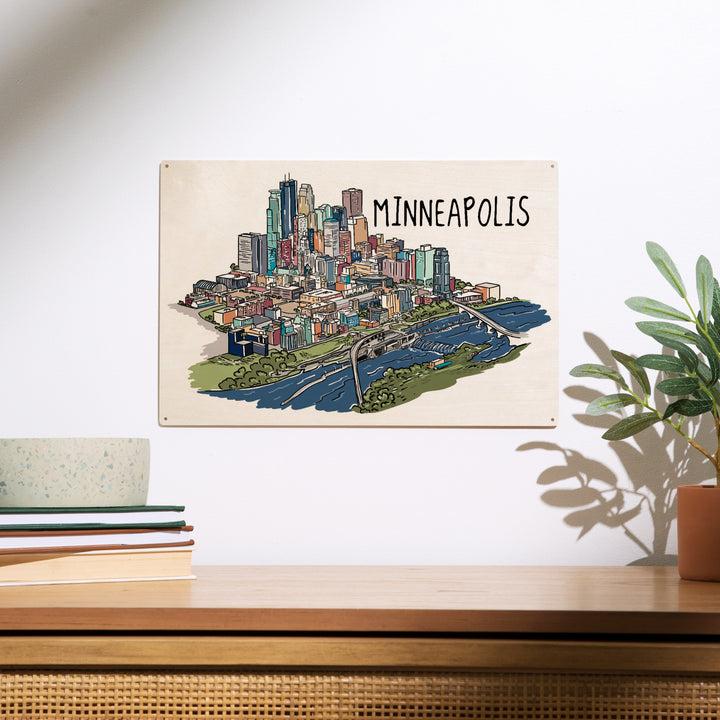 Minneapolis, Minnesota, Cityscape, Line Drawing, Wood Sign and Postcards