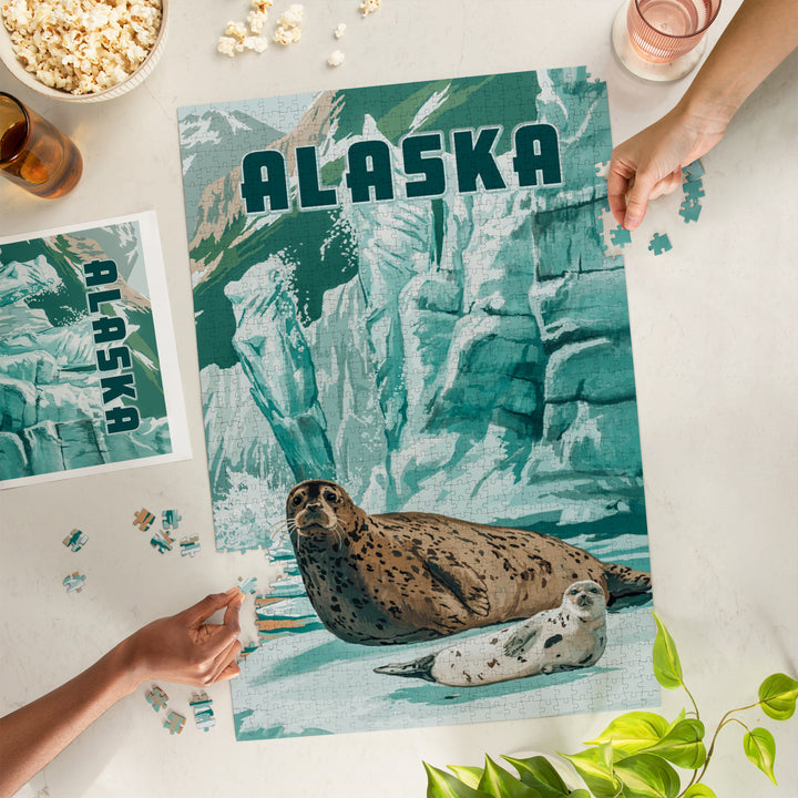 Alaska, Painterly, Harbor Seal with Pup, 1000 Piece Jigsaw Puzzle