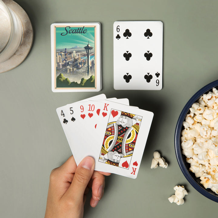 Playing Cards, Seattle, Washington, Skyline, Lithograph, 52 Card Deck with Jokers in Box, Unique Art