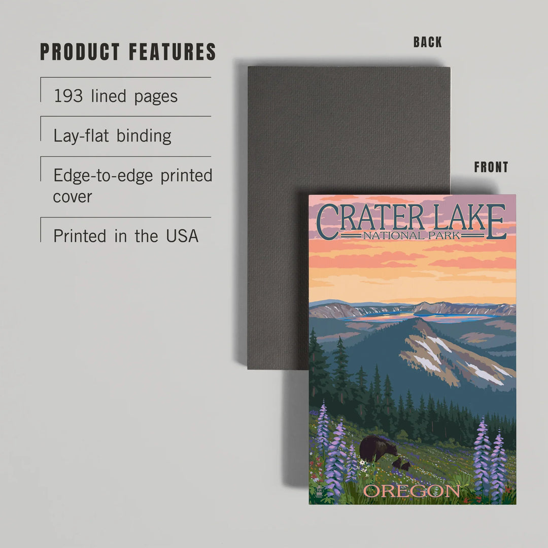 Lined 6x9 Journal, Crater Lake National Park, Oregon, Spring Flowers and Bear Family, Lay Flat, 193 Pages, FSC paper