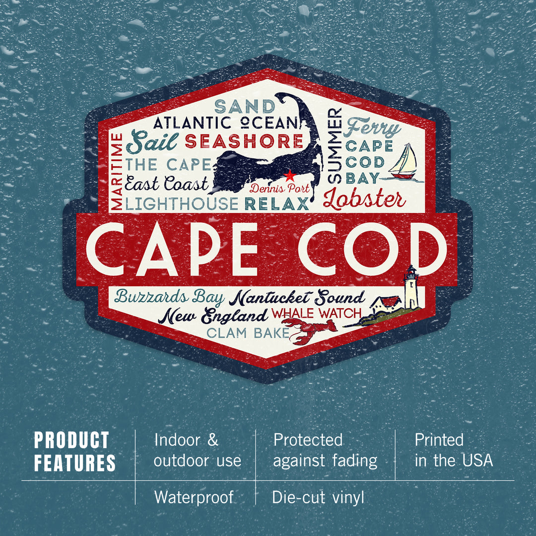 Cape Cod, Massachusetts, Dennis Port, Typography & Icons, Contour, Lantern Press Artwork, Vinyl Sticker