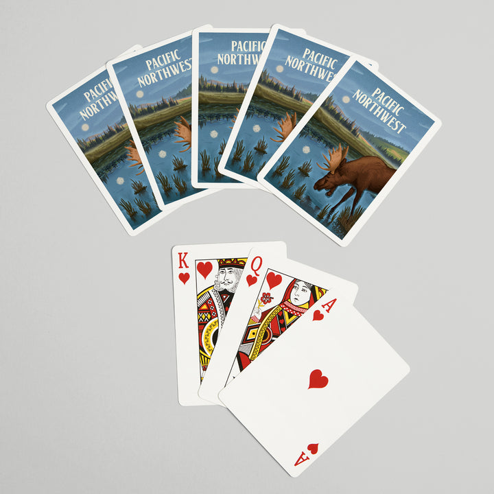 Playing Cards, Pacific Northwest, Lithograph, Reflection Pond and Bull Moose, 52 Card Deck with Jokers in Box, Unique Art