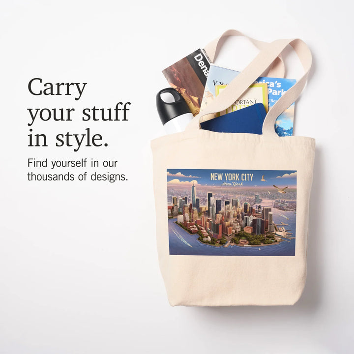 New York City, New York, Lithograph, Lower Manhattan, Tote Bag