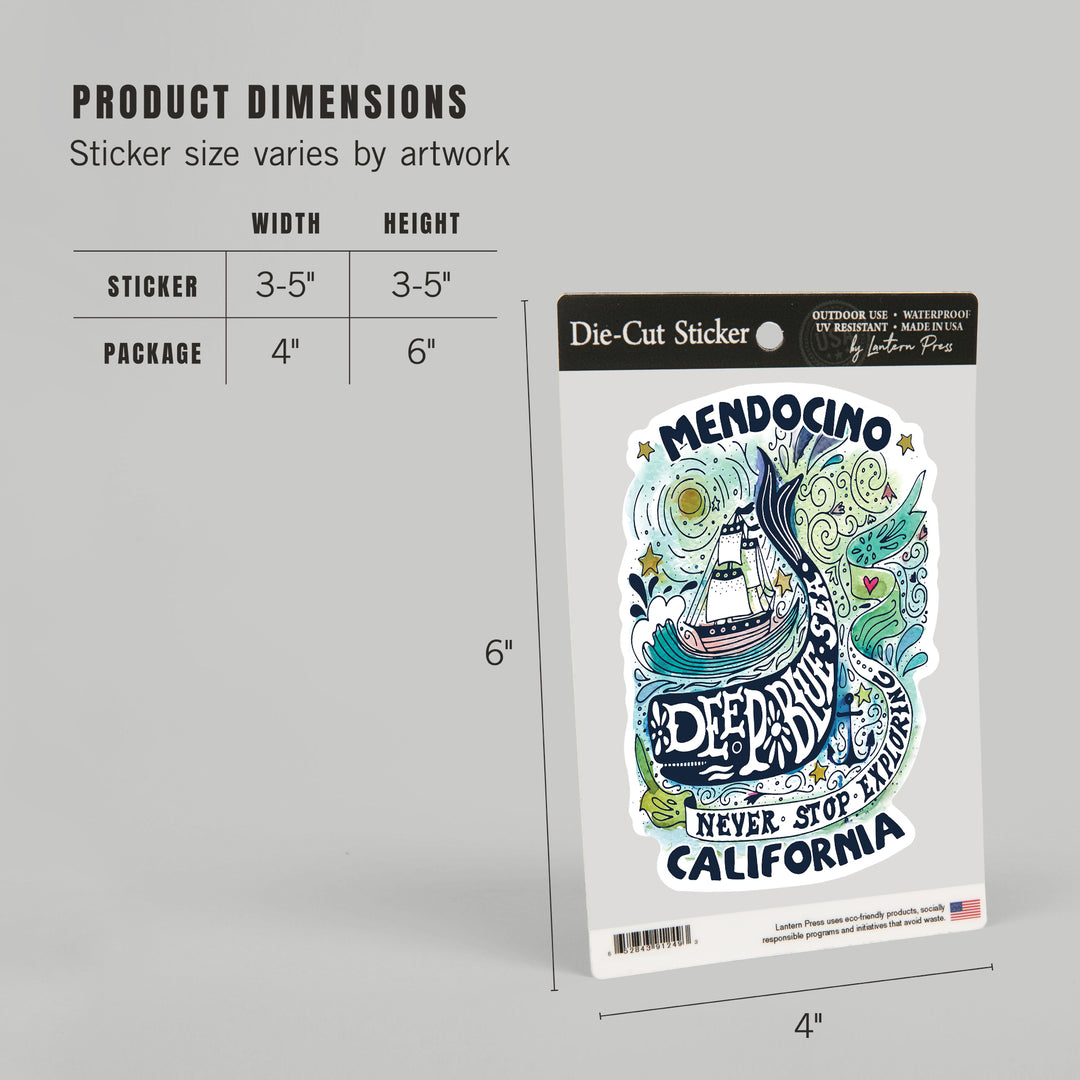 Mendocino, California, Watercolor Whale, Deep Blue Sea, Nautical Art, Contour, Lantern Press Artwork, Vinyl Sticker