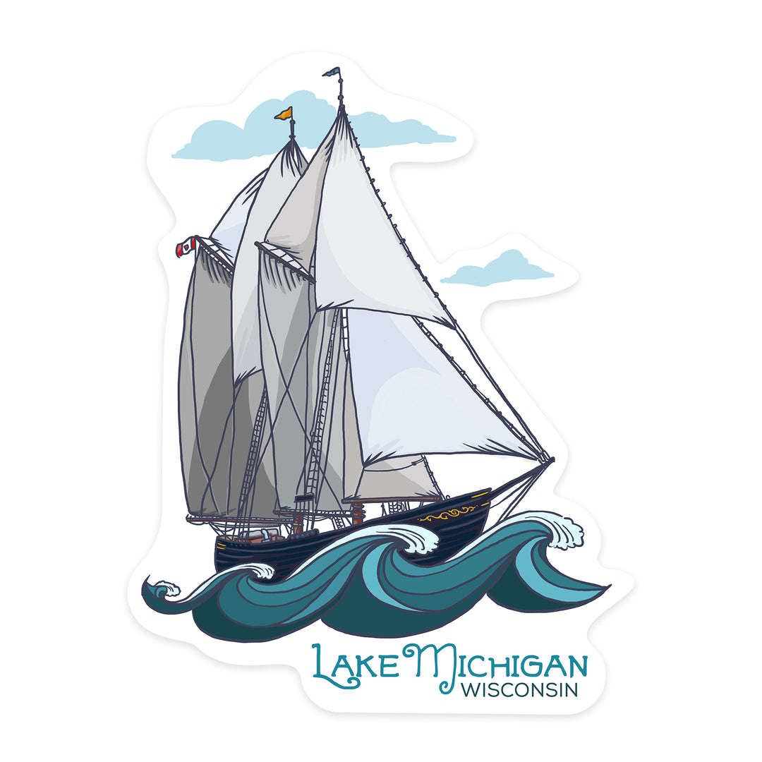 Lake Michigan, Wisconsin, Schooner, Sailboat, Contour, Lantern Press Artwork, Vinyl Sticker