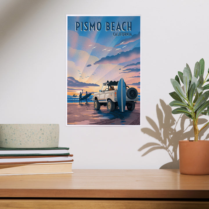 Pismo Beach, California, Lithograph, Surfers on Beach, Art & Giclee Prints