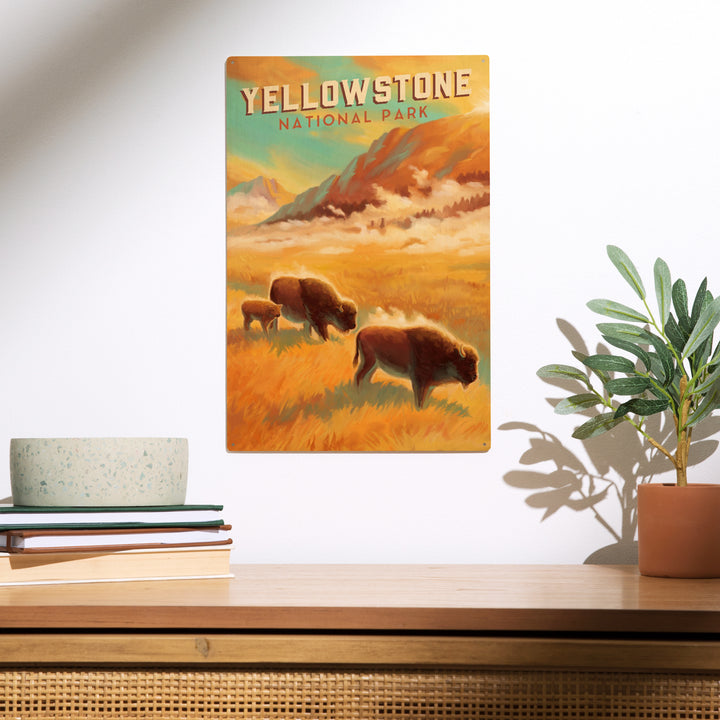 Yellowstone National Park, Bison Family, Oil Painting, Wood Sign and Postcards