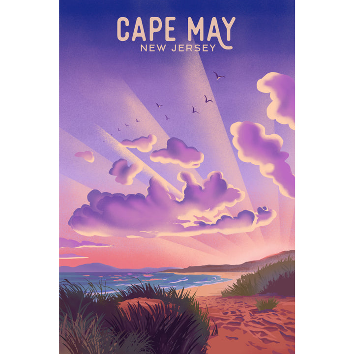 Cape May, New Jersey, Lithograph, New Shows Nightly, Beach Sunset, Stretched Canvas