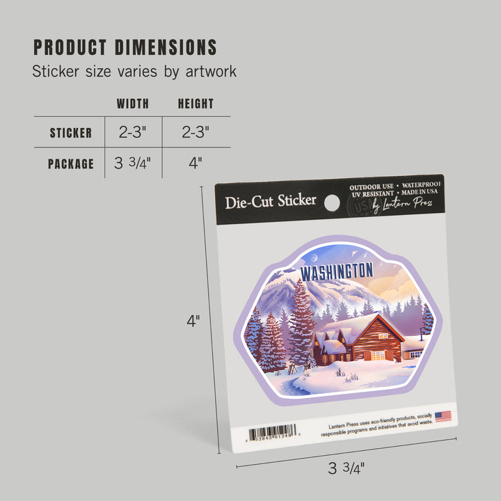Washington, Lithograph, Mountain Lodge, Winter Scene, Vinyl Sticker