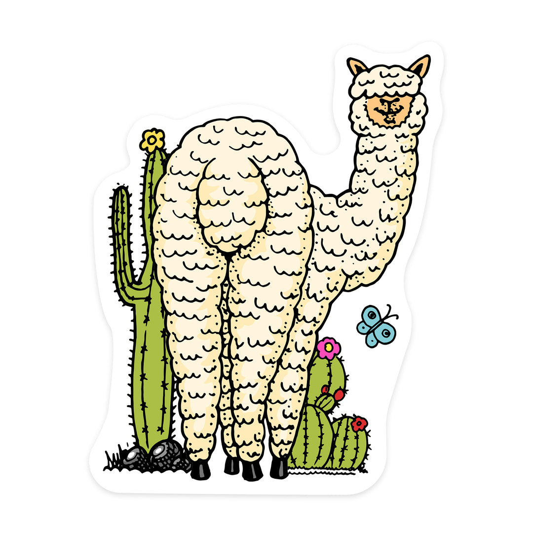 Shaggy Alpaca and Cacti, Vector Doodle, Contour, Artwork, Vinyl Sticker