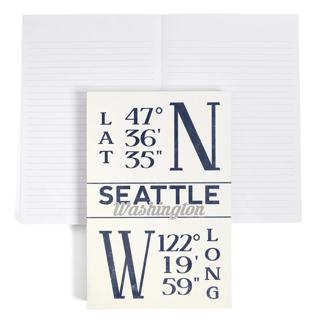 Lined 6x9 Journal, Seattle, Washington, Latitude and Longitude (Blue), Lay Flat, 193 Pages, FSC paper