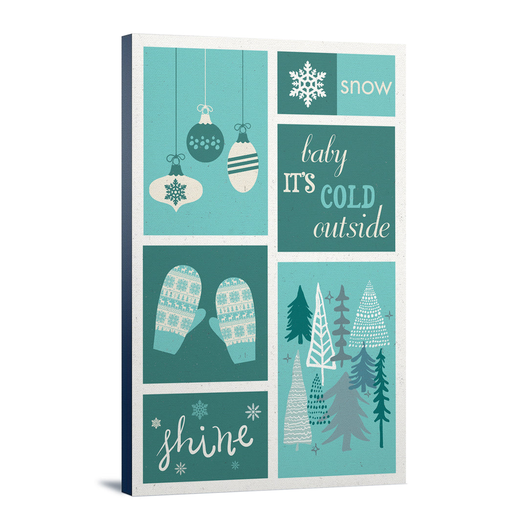 Christmas, Blue Snow, Checkerboard, Lantern Press Artwork, Stretched Canvas