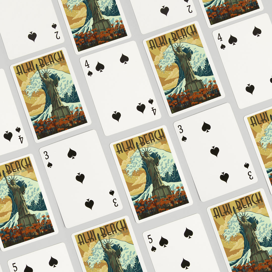Playing Cards, Alki Beach, West Seattle, Washington, Lady Liberty Statue, 52 Card Deck with Jokers in Box, Unique Art