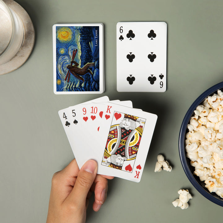 Playing Cards, Lake Tahoe, California, Starry Night, Winter Bigfoot with Skis, 52 Card Deck with Jokers in Box, Unique Art