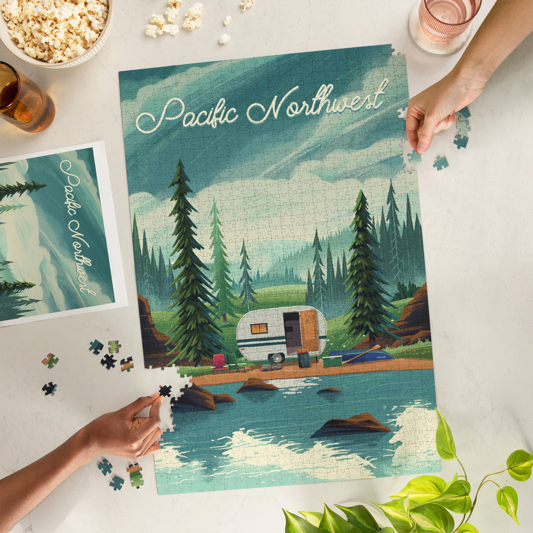 Pacific Northwest, Outdoor Activity, At Home Anywhere, Camper in Evergreens, 1000 Piece Jigsaw Puzzle