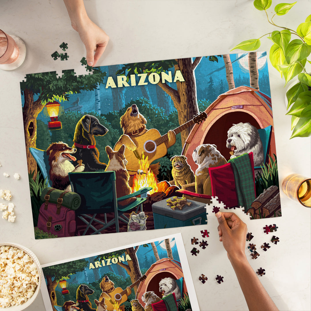 Arizona, Painterly, Pack Life, Dogs Around Campfire, Jigsaw Puzzle