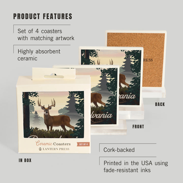 Pennsylvania, Painterly, Deer and Sunrise, Coasters