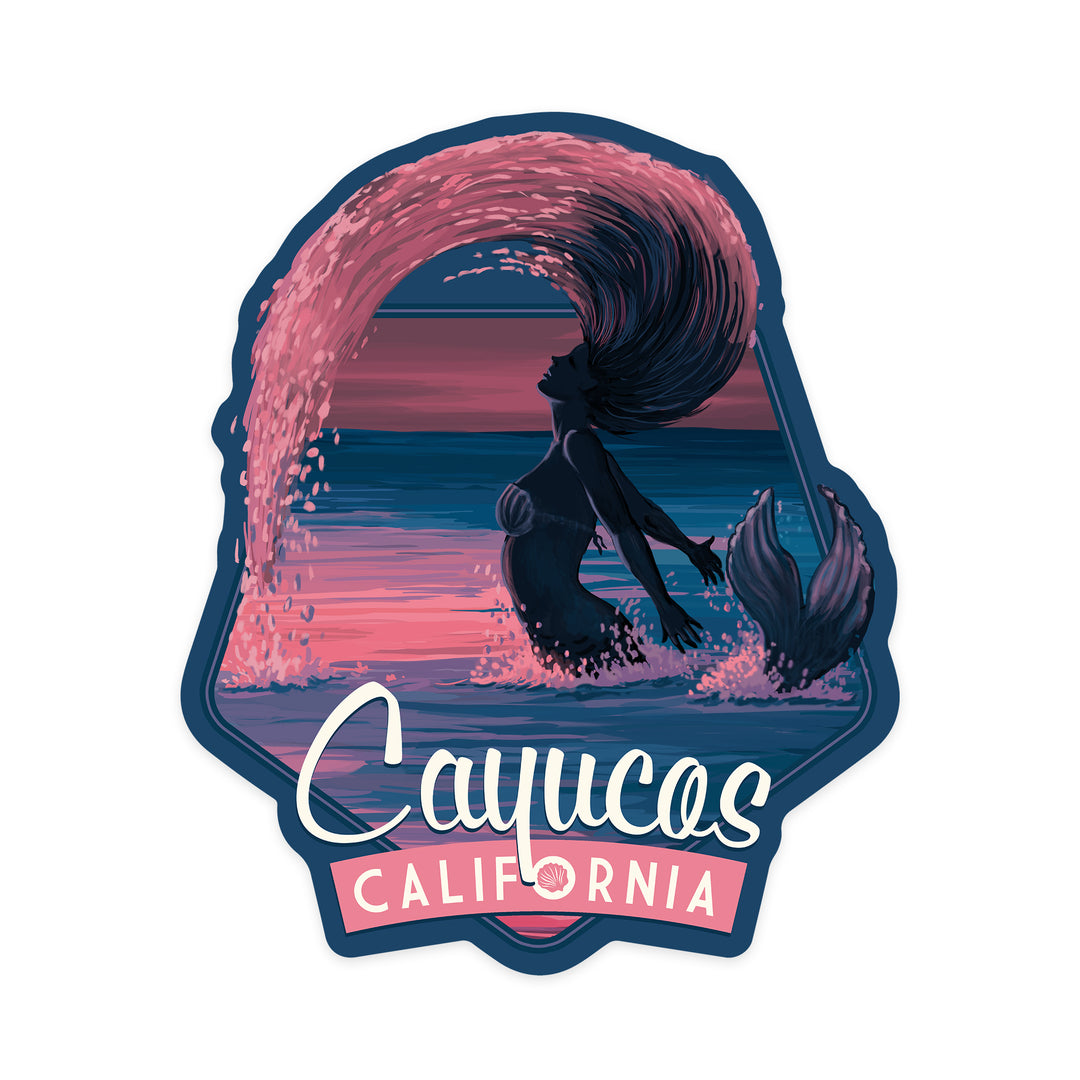 Cayucos, California, Mermaid Silhouette, Hairflip at Dusk, Contour, Vinyl Sticker