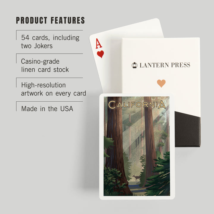 Playing Cards, California, Lithograph, Deer in Forest, 52 Card Deck with Jokers in Box, Unique Art