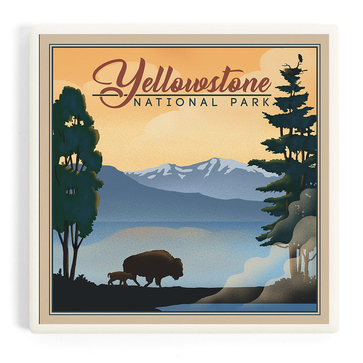 Yellowstone National Park, Bison and Lake, Lithograph National Park Series, Coasters