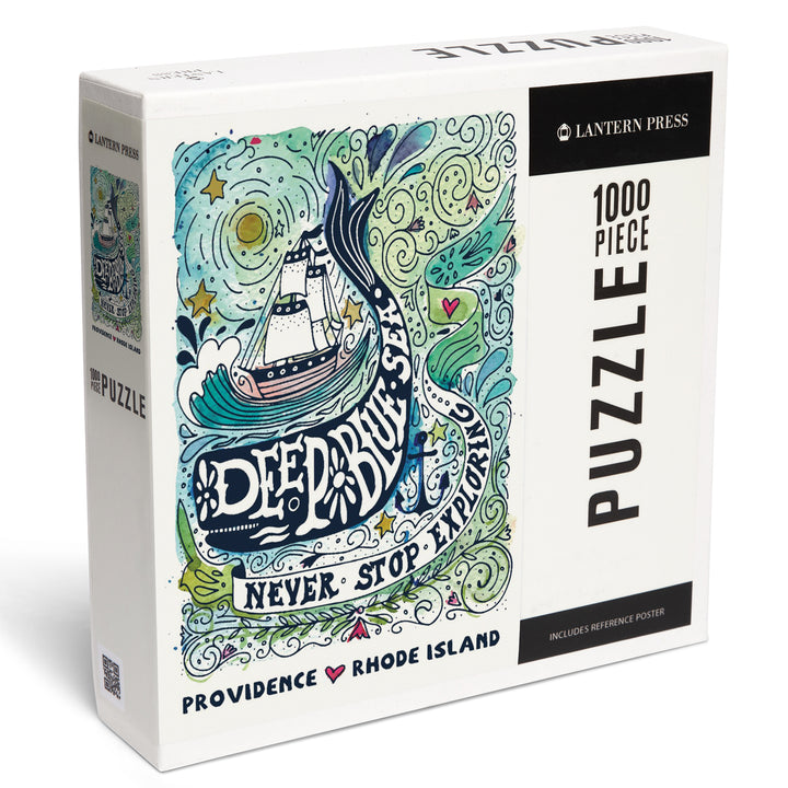 Providence, Rhode Island, Watercolor Whale, Deep Blue Sea, Nautical Art, 1000 Piece Jigsaw Puzzle