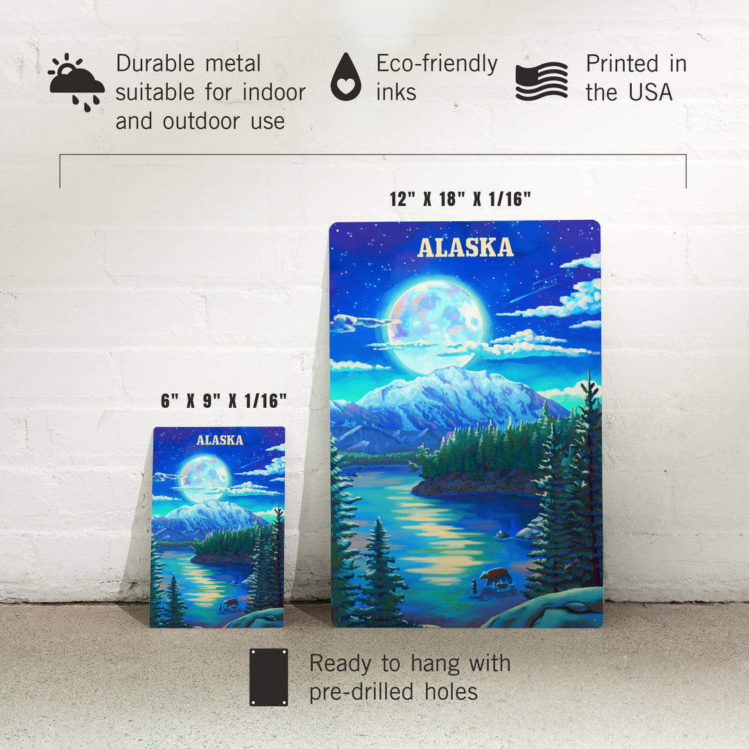 Alaska, Oil Painting, Lake and Super Moon, 12x18 Metal Sign