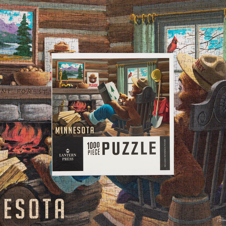 Minnesota, Smokey Bear, Reading Book to Cubs, Vintage Poster, Jigsaw Puzzle