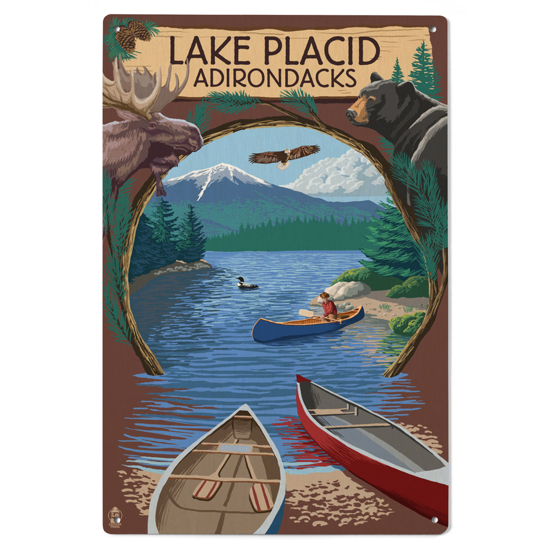 Lake Placid, New York, Adirondacks Canoe Scene, Lantern Press Artwork, Wood Signs and Postcards