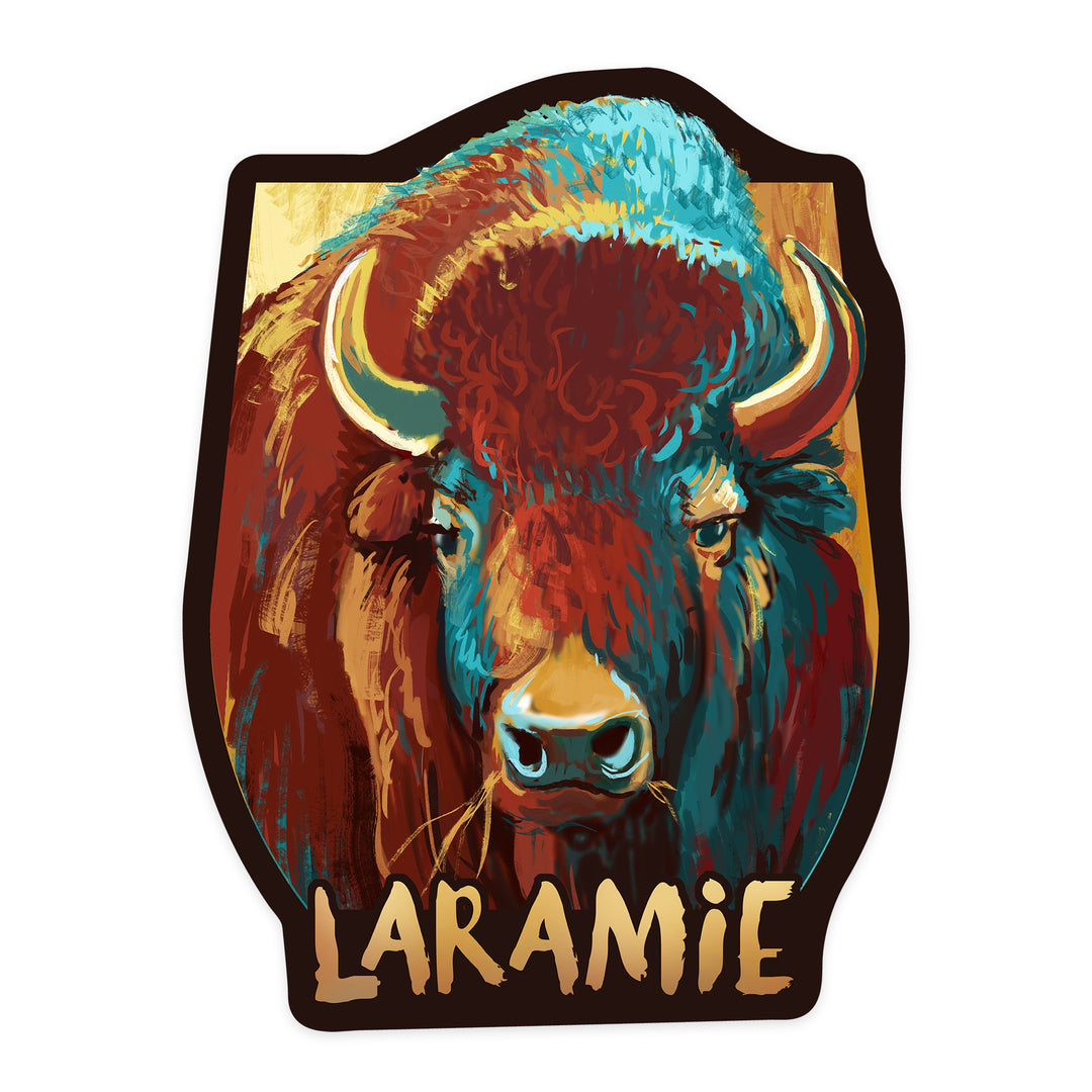Laramie, Wyoming, Bison, Vivid, Contour, Lantern Press Artwork, Vinyl Sticker