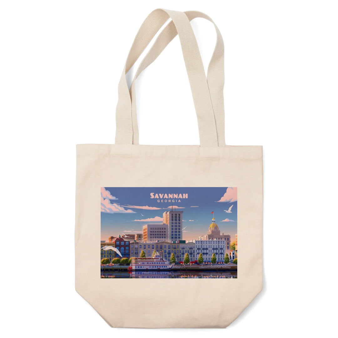 Savannah, Georgia, Lithograph, River Street, Tote Bag