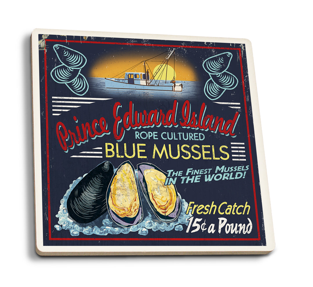 Prince Edward Island, Mussels Vintage Sign, Coaster Set