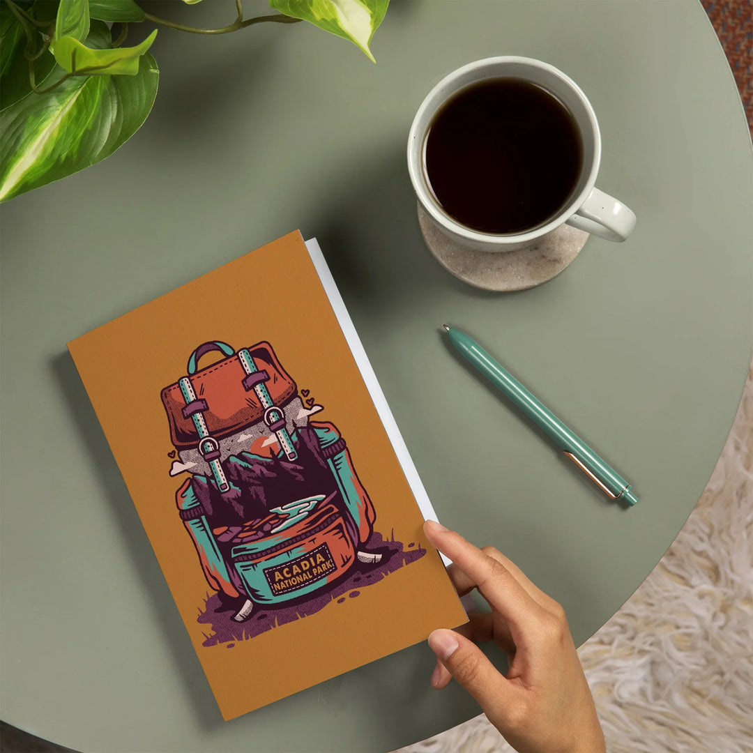 Lined 6x9 Journal, Acadia National Park, Maine, Backpack, Wander More, Distressed Vector, Lay Flat, 193 Pages, FSC paper