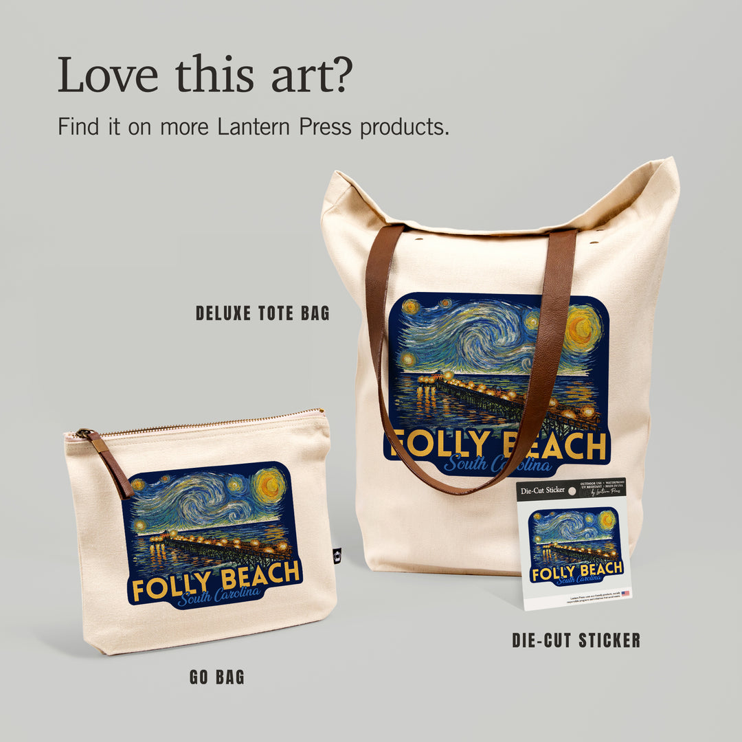 Folly Beach, South Carolina, Folly Beach Pier, Starry Night, Contour, Lantern Press Artwork, Accessory Go Bag