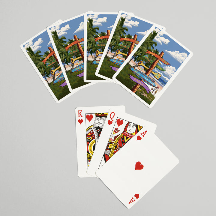 Playing Cards, Signpost, Coast Beach with Palms, 52 Card Deck with Jokers in Box, Unique Art