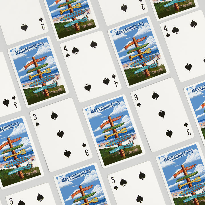 Playing Cards, Massachusetts, Signpost, Coast Beach with Umbrellas, 52 Card Deck with Jokers in Box, Unique Art