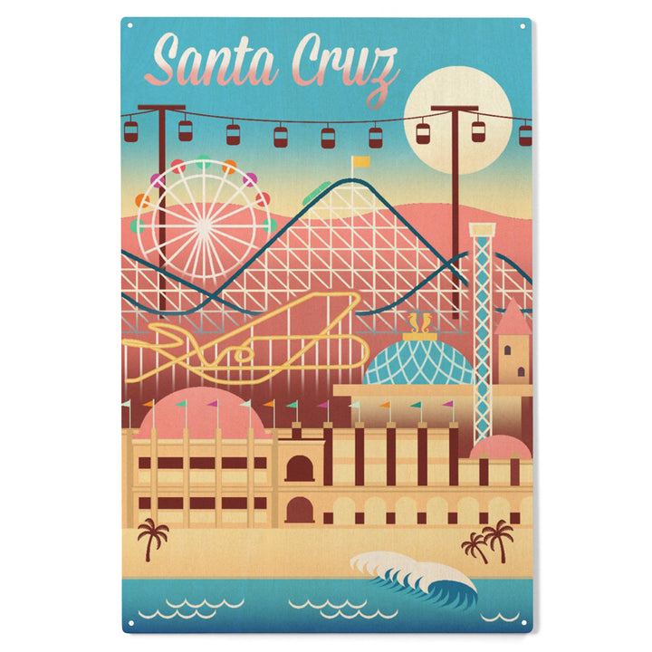 Santa Cruz, California, Retro Skyline, Beach, Wood Sign and Postcards