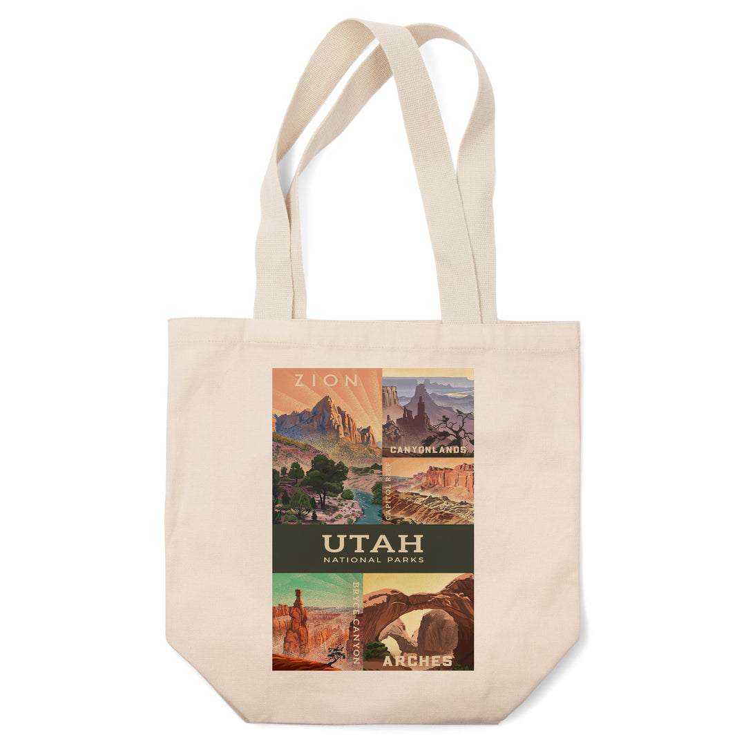 Utah's National Parks Collage, Lithograph National Park Series, Tote Bag