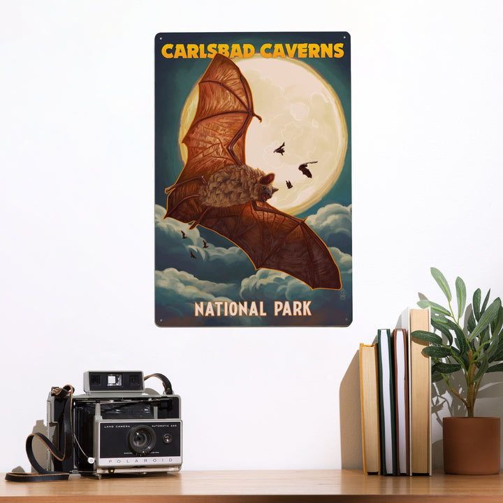 Carlsbad Caverns National Park, Bats and Full Moon, Metal Signs - Lantern Press