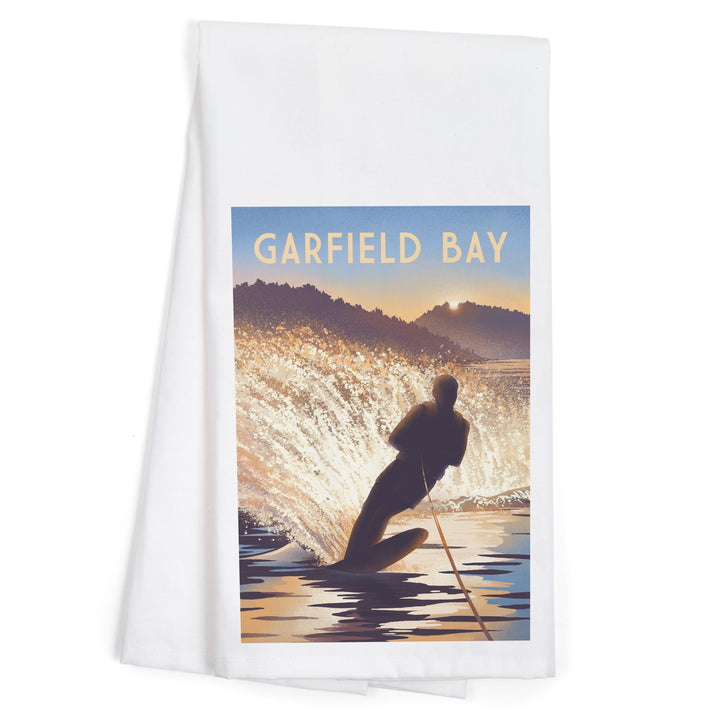 Garfield Bay, Idaho, Get Outside Series, Lithograph, Lean Into Adventure, Water Skiing, Organic Cotton Kitchen Tea Towels