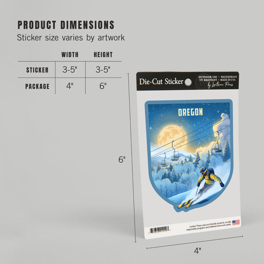 Oregon, Lithograph, Night Ski, Vinyl Sticker