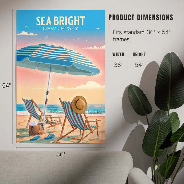 Sea Bright, New Jersey, Lithograph, Beach Chair and Umbrella art prints, metal signs