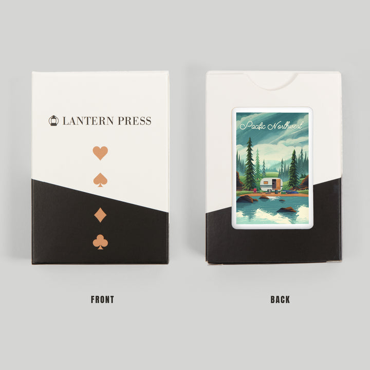 Playing Cards, Pacific Northwest, Outdoor Activity, At Home Anywhere, Camper in Evergreens, 52 Card Deck with Jokers in Box, Unique Art