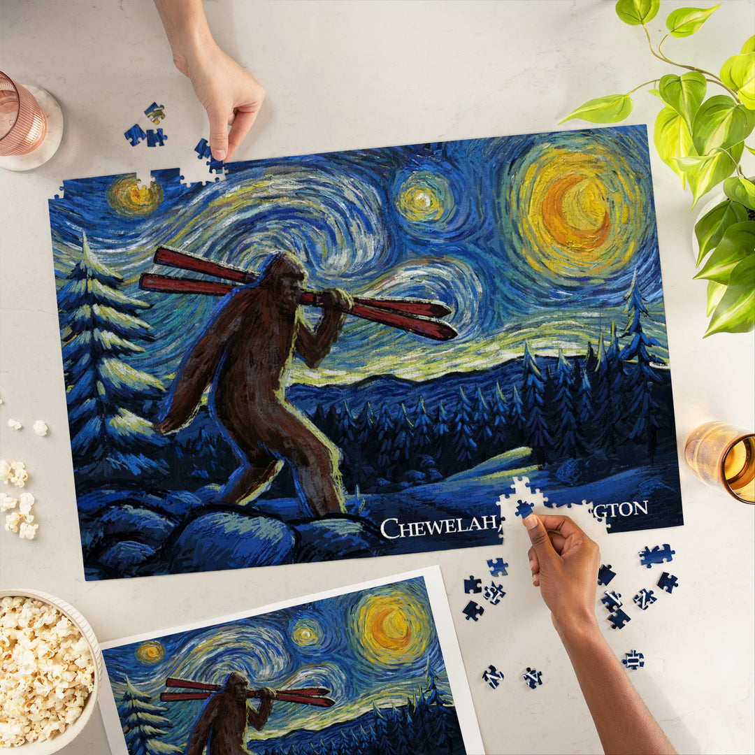 Chewelah, Washington, Starry Night, Winter Bigfoot with Skis, 1000 Piece Jigsaw Puzzle