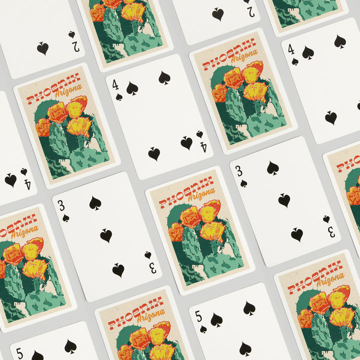 Playing Cards, Phoenix, Arizona, Woodblock City Series, Cactus Blooms, 52 Card Deck with Jokers in Box, Unique Art