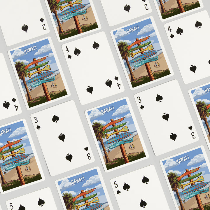 Playing Cards, Hawaii, Signpost, Coast Beach with Palms, 52 Card Deck with Jokers in Box, Unique Art